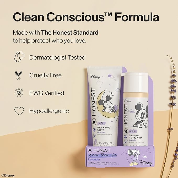 The Honest Company 2-in-1 Cleansing Shampoo and Body Wash Face Lotion Bundle Disney Design Gentle Enough for Baby Dermatologist Tested Calm Lavender 18.5 fl oz