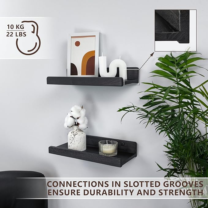 Floating Shelves for Wall 12 inch, Waterproof, Wall Storage Shelves with Lip, Display Picture Ledge Shelf for Living Room Photo Frame, Natural Wood Hanging Book Shelves (Black, Set 2)