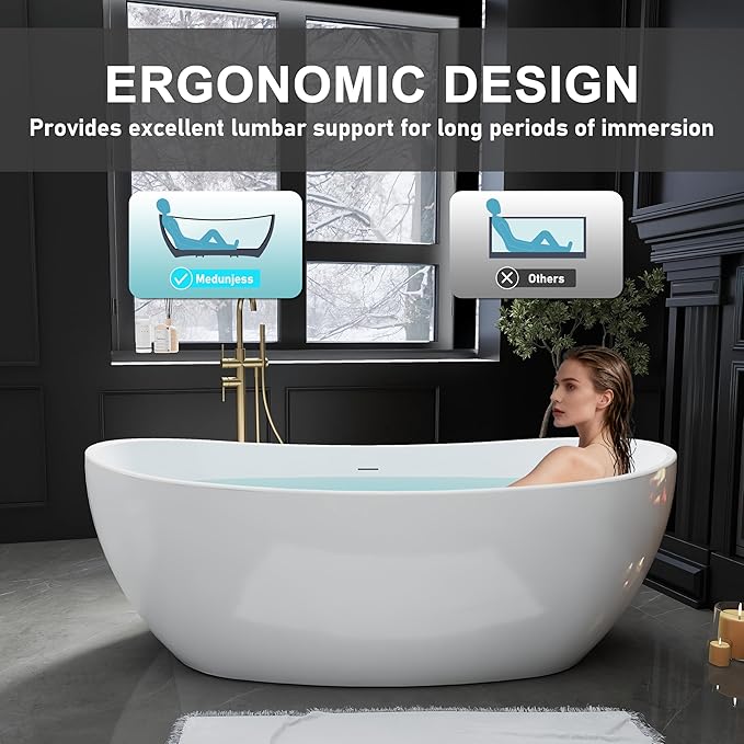 65" Acrylic Freestanding Bathtubs, Stand Alone Tub, Soaking Tubs for Bathroom, Integrated Overflow and Drain, cUPC Certified, Gloss White