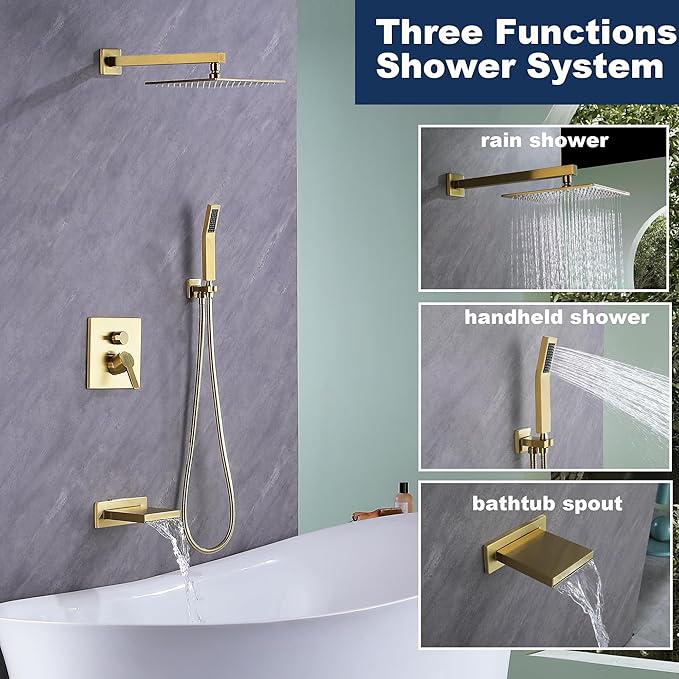 Gold Shower System with Tub Spout, All Metal Bathtub Shower Faucet Set with High Pressure 10 Inch Rain Shower Head and Handheld Shower Head Set, Brushed Gold (Valve Include)