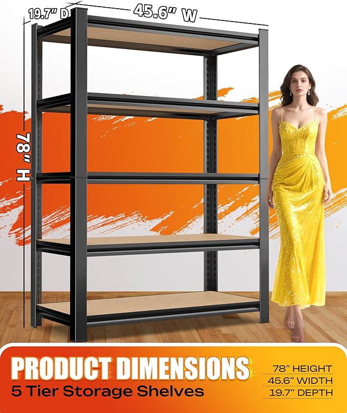 AOAORRG Set of 4 Storage Shelves, 45.6" W Heavy Duty Garage Shelving, 5-Tier Metal Shelf Adjustable Shelving Unit, Utility Garage Organizer Rack for Basement, Pantry, Warehouse, 45.6" Wx19.7 Dx78 H