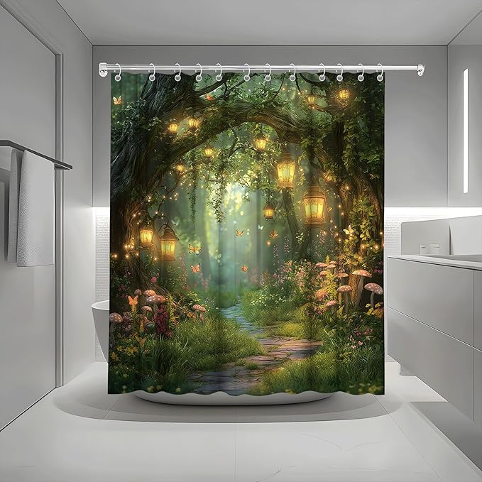 Fantasy Forest Path Shower Curtain Fairy Magical Enchanted Misty Jungle Mushroom Floral Tree Butterfly Lantern Wonderland Plant Bath Curtain Fabric Bathroom Accessories Decor with Hooks 55W x70L