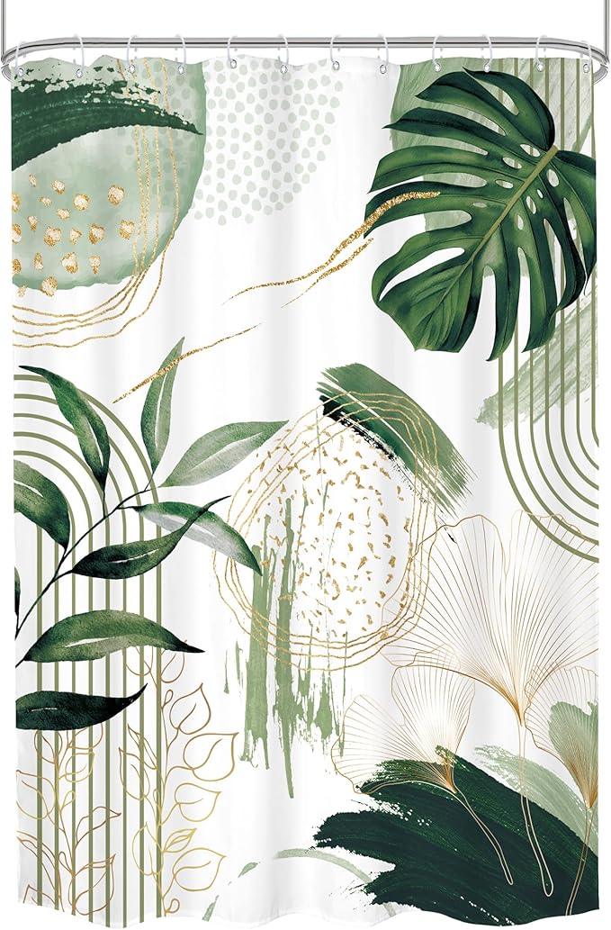 Green Boho Shower Curtain 72Wx96H Extra Long Sage Green Modern Mid Century Abstract Tropical Palm Leaves Bohemian Plant Bathroom Decor Minimalist Bath Curtain Fabric Polyester 12 Pack Hooks