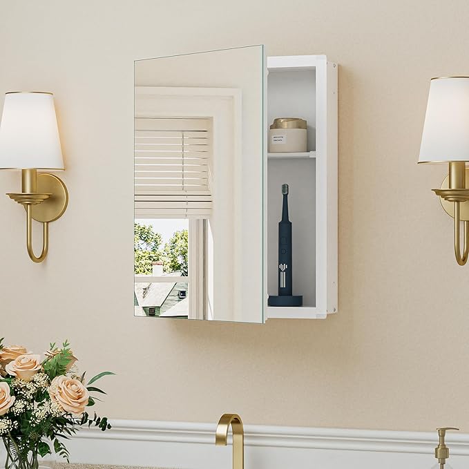 Keonjinn Small-Sized White Medicine Cabinet 14.5 x 18.5 Inch, One Shelf Only, Assembly Required, Mini Medicine Cabinet Mirror for Compact Bathroom, Free Adjustable Shelves, Wall Mount or Recessed