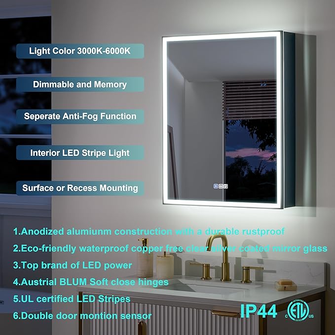 WELLFOR 24" X 30" LED Mirrored Medicine Cabinet, Medicine Cabinets with Lights for Bathroom, Defogging Mirror, Led Medicine Cabinet, Recessed or Surface Mounted, Single Right Opening Door