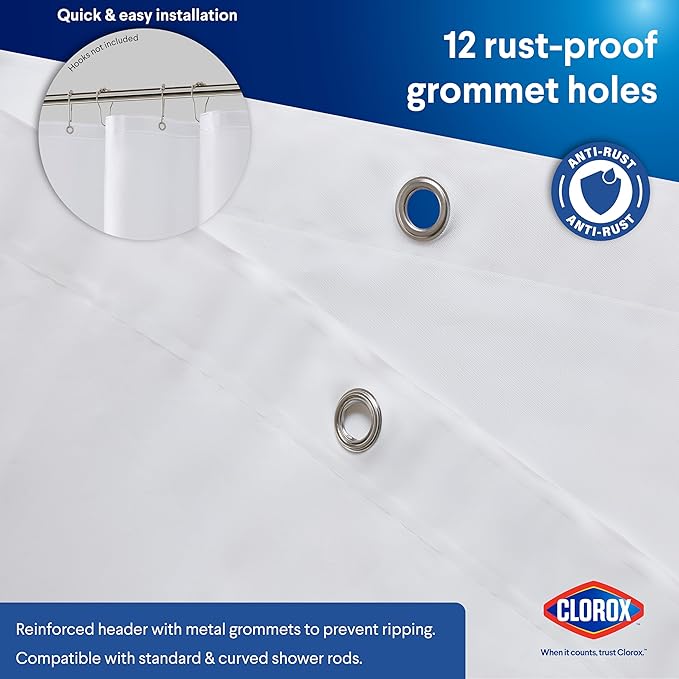 CLOROX Shower Curtain Liner, Premium Lightweight Flexible Waterproof 3g PEVA for Bathroom with Weighted Magnets, Standard Size 70" x 72", White 1 Pack