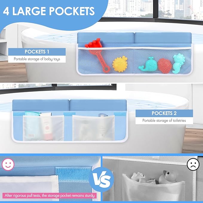 Bath Kneeler and Elbow Rest Pad Set - 2 inch Comfortable Thick Baby Bath Kneeler Pads, with Toy Organizer Pockets - Quick Drying, Foldable, Non-Slip for Baby and Toddler Bathing (Blue)