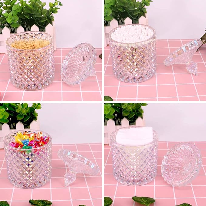 Colorful Home Decorative Jar Qtips Holder Dispenser Glass Storage Container Bathroom Counter Vanity Organizer for Bath Salts/Swabs/Rounds Makeup Sponges Toothpick Jewelry(Sparkling, 20 oz)
