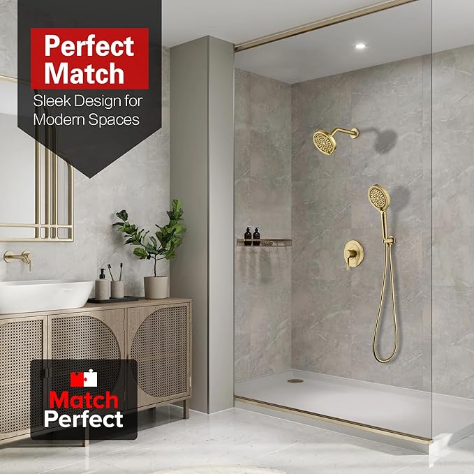 SUMERAIN Brushed Gold Shower System with Filtered Handheld Shower Head, Wall Mounted Shower Faucet Complete Combo with Shower Valve