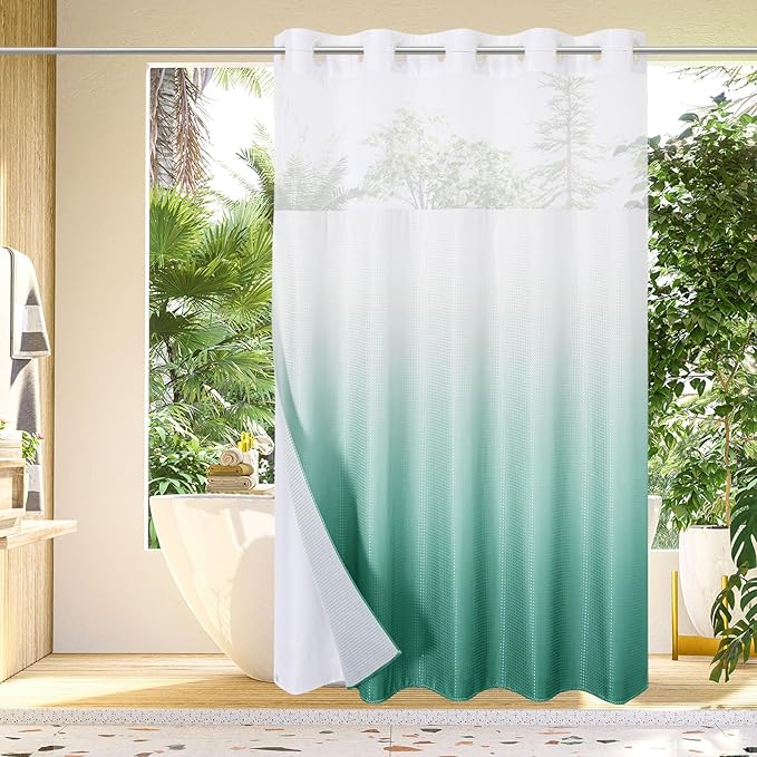 Gibelle No Hook Waffle Weave Shower Curtain with Snap-in Fabric Liner Set for Bathroom, Hotel Style with Mesh Top Window, Waterproof & Washable, Ombre Teal, 72x74