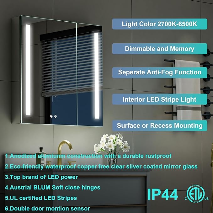 WELLFOR 30" X 30" LED Medicine Cabinet with Mirror, Double Opening Door, Recessed or Surface Cabinet Mirror, Bathroom Mirror Cabinet, Medicine Cabinet with Lights with Outlets & USB Ports
