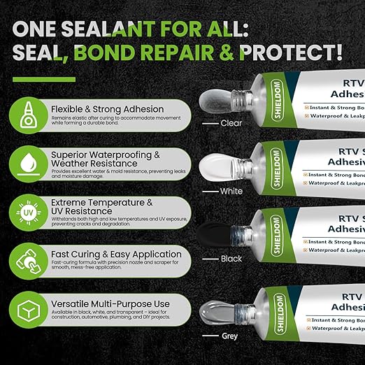 RTV Silicone Adhesive Sealant 100% Silicone Sealer All-Purpose Caulk Waterproof Stronger Adhesion, Shrink & Crack Proof Caulking for Car, Kitchen, Window, Bathroom, Door (White, 3.4 Fl. Oz.)