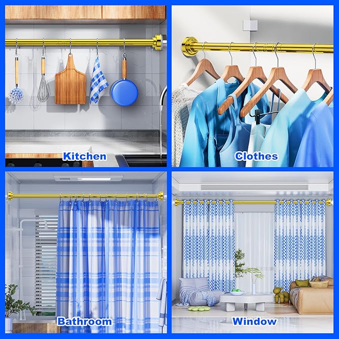 Ausemku Shower Curtain Rod - 32-92 Inch Rustproof Tension Rod, Non-Slip Spring Design, No Drilling Adjustable Curtain Rod for Bathroom, Kitchen, and Closet（Gold）