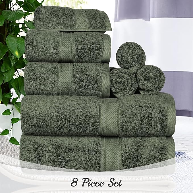 BLUENILEMILLS Madison Egyptian Cotton Towels, Towel Set for Bathroom, Shower, Hotel, Plush, 800 GSM, Highly Absorbent and Ultra-Soft Towels, Bath Essentials, 8 Piece Assorted Towel Set, Forest Green
