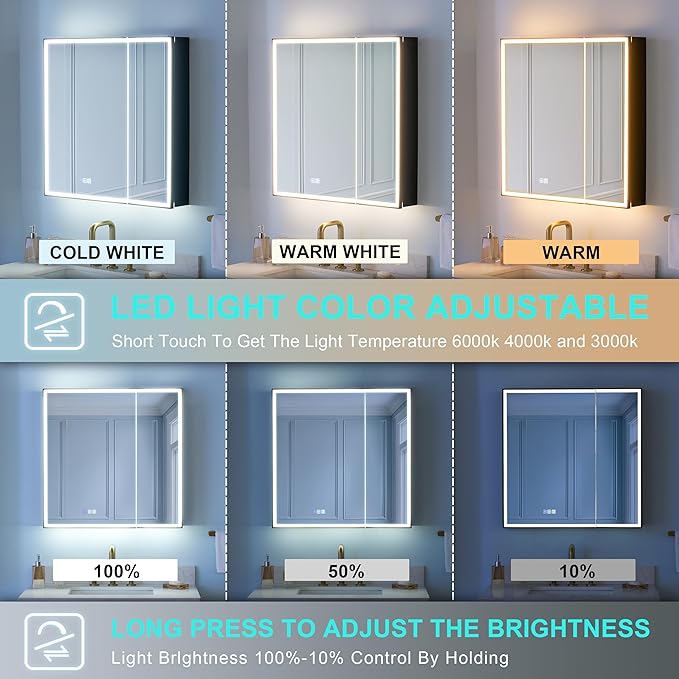 WELLFOR 30" X 30" LED Mirrored Medicine Cabinet, Medicine Cabinets with Lights for Bathroom, Defogging Function Mirror Cabinet, Bathroom Medicine Cabinet with USB Port & Outlet, Double Doors
