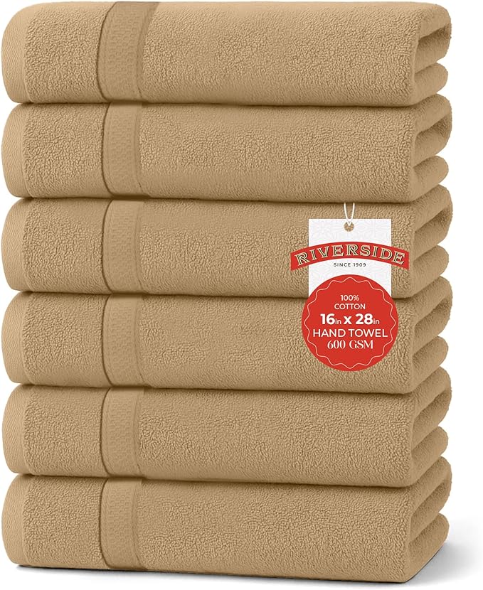 RIVERSIDE 6 Pack Premium Hand Towels Set, 16x28 inches, 100% Ring Spun Cotton, 600 GSM, Soft, Quick Dry and Highly Absorbent, Towels for Bathroom, Kitchen, Gym, Spa - Tan