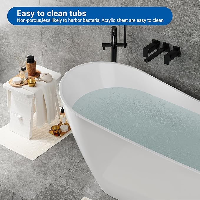 67 Inch Acrylic Freestanding Bathtub, Bathtub with Matte Drain and Overflow, Modern Square Tub with Deep Ergonomic Design and Double-Walled Insulation, Double-Walled Insulation, cUPC Certified