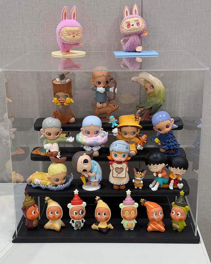 Choowin 4 Tier Clear Acrylic Display Case for Collectibles, Mini Figures, Pop Mart, Labubu, Sonny Angel, Smiski - Assemble Dustproof Acrylic Display Box with Door, Stand (Black Base Step)