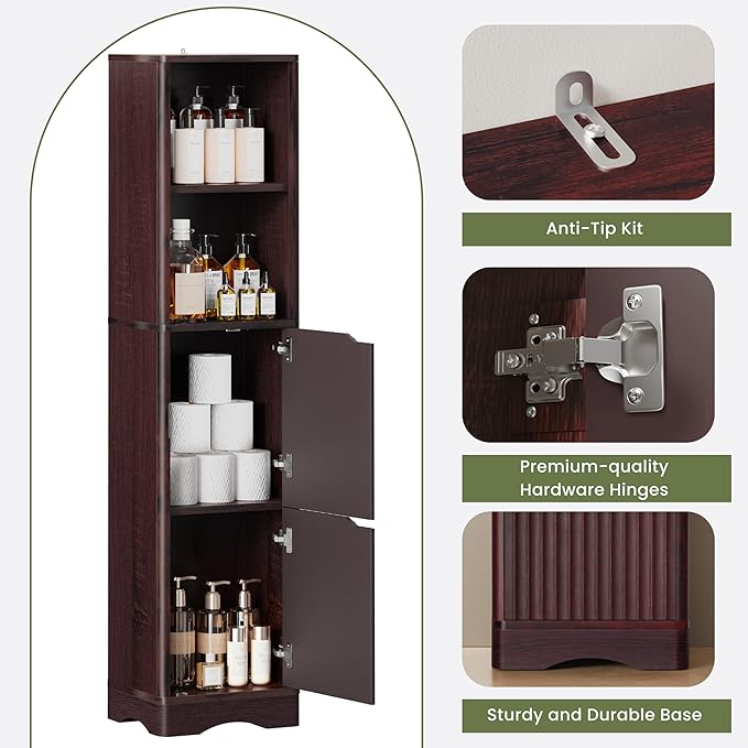 67" Tall Bathroom Organizer and Storage, Narrow Storage Cabinet with 2 Doors and 4 Shelves, Freestanding Floor Storage Unit,15.7" W x 11.8" D x 66.9" H, Walnut