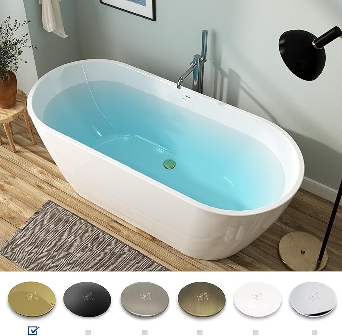 FerdY 67" Bali Acrylic Freestanding Bathtub, Gracefully Shaped Freestanding Soaking Bathtub, cUPC Certified, Toe-Tap Polished Gold Drain and Minimalist Linear Design Overflow Included