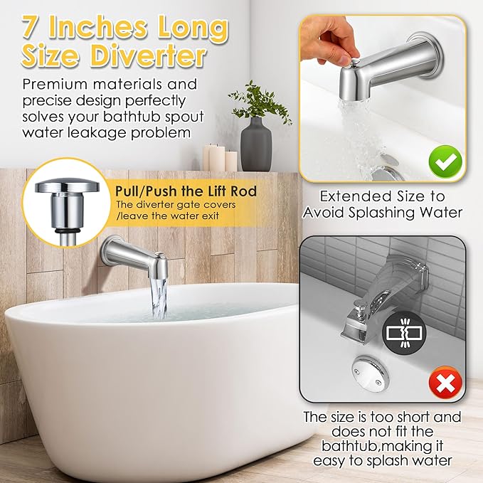 Enhon 7 Inch Slip on Tub Spout with Diverter, Compatible with Moen 3839/Moen 3853, Bathtub Diverter Spout Fits 1/2" Copper Water Tube(5/8" Diameter), 5/32" Hex Wrench (Brushed Nickel,Cover Ring)