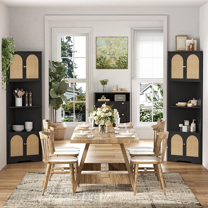 67''H Tall Corner Cabinet with Handmade Rattan Door, Rattan Storage Cabinet with Adjustable Shelves, Corner Bookshelf Space Saver for Barthroom, Kitchen, Living Room, Black