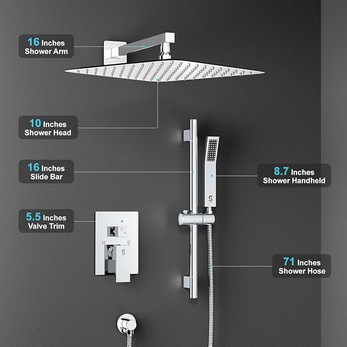 SR SUN RISE 10 Inch Square Shower Faucet, Adjustable 16-Inch Slide Bar Hand Held Shower with Hose, Square Rain Shower Head and Handheld Spray Included Valve and Shower Trim Kit, Polished Chrome