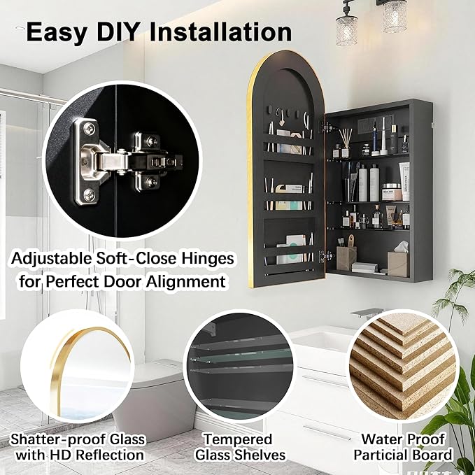 FKWin Arched Bathroom Medicine Cabinet with Mirror and Power Outlet, Gold Wall Mounted Mirror Medicine Cabinet for Left or Right Opening, not Recessed, Vanity Bathroom Mirrors, Gold, 16x32 inch