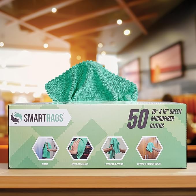 Arkwright Smart Rags in Box - (Pack of 50) Lint Free, Large Microfiber Cleaning Cloth, Scratch & Streak-Free, Dispensable Wash Towels for Cars, Kitchen, and Window Glass, Green