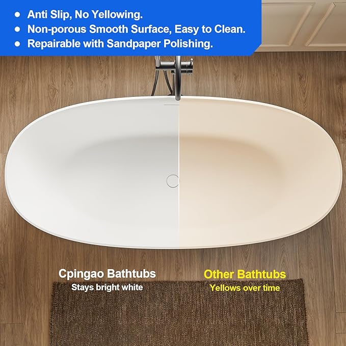 Cpingao 63" Solid Surface Freestanding Bathtub, Modern Oval Shape Soaking Tub, Stone Resin Stand Alone Bathtub with Drain & Integrated Slotted Overflow Matte White 8845-1600