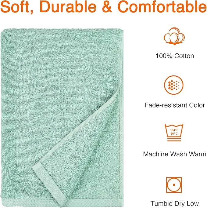 Amazon Basics 100% Cotton Quick-Dry Lightweight Moisture Absorbing Bath Towel, 2 Count, Seafoam Green, 54" x 30" (Pack of 12)