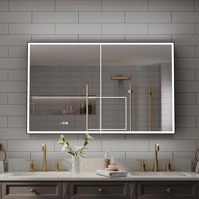 WELLFOR 48" X 30" LED Mirrored Medicine Cabinet, Medicine Cabinets with Lights for Bathroom, Defogging Function Mirror Cabinet, Bathroom Medicine Cabinet with USB Port & Outlet, Double Opening Doors