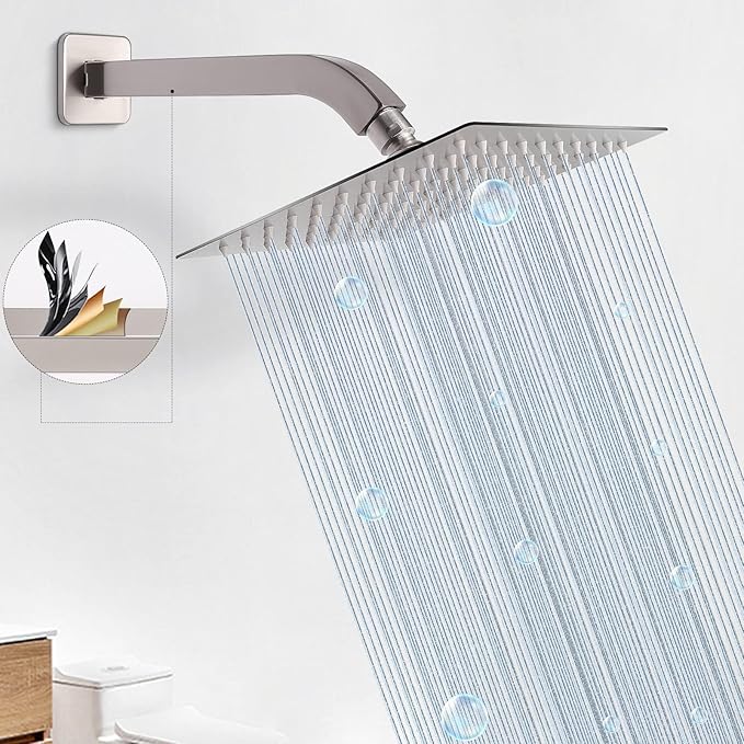 HarJue Shower Arm with Flange and Teflon Tape, Wall Mounted Square Shower Pipe 304 Stainless Steel Extension Arm for Fixed Shower Head & Handheld Shower (10 Inch, Brushed Nickel)