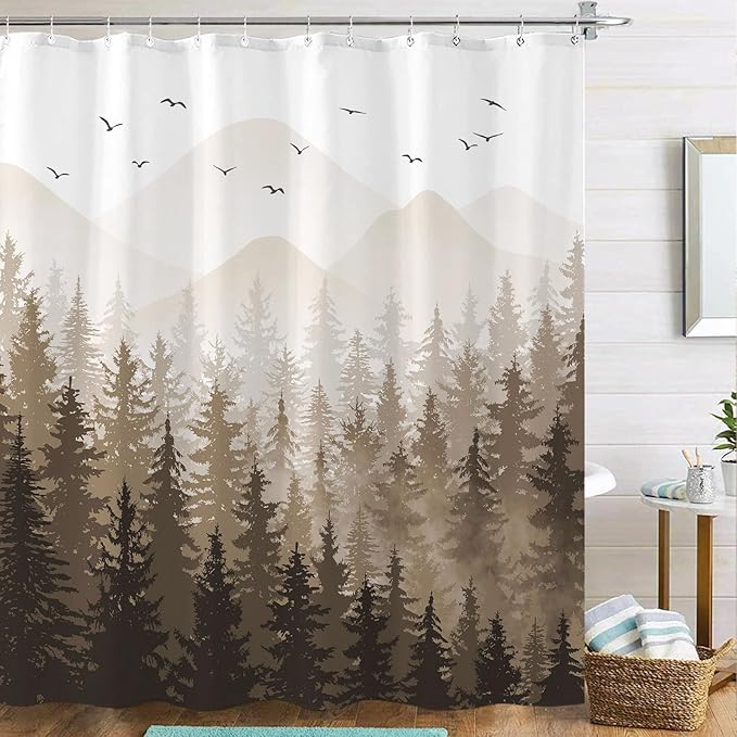 Aipon Brown Misty Forest Shower Curtain Ombre Nature Tree Plants Shower Curtains Fabric Waterproof Mountain Shower Curtain Sets for Bathroom Bath Decor with 12 Hooks (Brown, 72'' × 84'')
