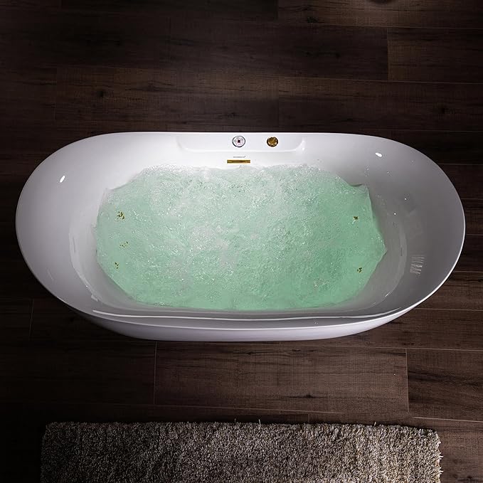 WOODBRIDGE 72" x 35-3/8" Whirlpool and Air Bath Heated Soaking Combination Tub with Adjustable Speed Air Blower and Display Control Panel, Brushed Gold Finish Trim and Drain Kit, BG400