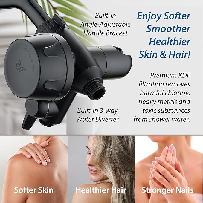 AquaCare Skin & Hair - World's Only Shower Head Combo Filter with Built-in 3-way Water Diverter, ON/OFF Filtration Modes, Instant Cartridge Reload & Stay-Clean American KDF Cartridge, Matte Black