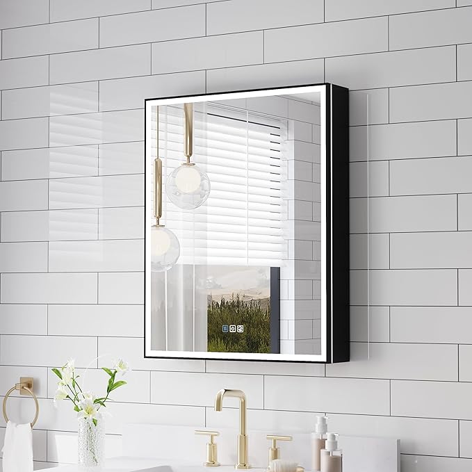 WELLFOR 24" X 30" LED Mirrored Medicine Cabinet, Medicine Cabinets with Lights for Bathroom, Defogging Function Mirror Cabinet, Bathroom Medicine Cabinet with USB Port & Outlet, Left Opening Doors