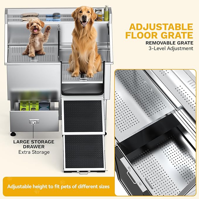 DWVO Professional 50in Dog Bathing Station, Stainless Steel 304 Pet Grooming Tub w/Right Door Ramp, 2 Storage Drawers & Grate, Pet Washing Station for Small, Medium, Large Dogs