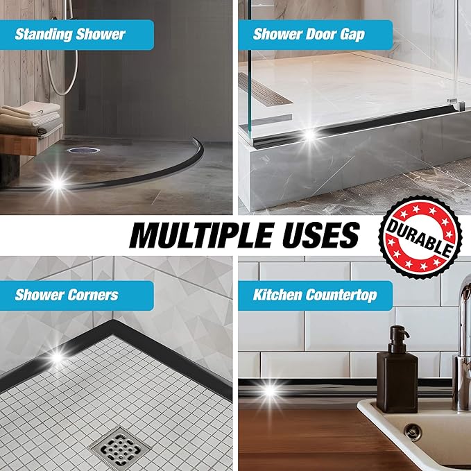 Shower Threshold Water Dam Barrier 45" - Black Collapsible Shower Water Blocker - Guard for Walk in Shower - Water Guard Stopper for Floor - Shower Door Water Blocker by Hippo Dam
