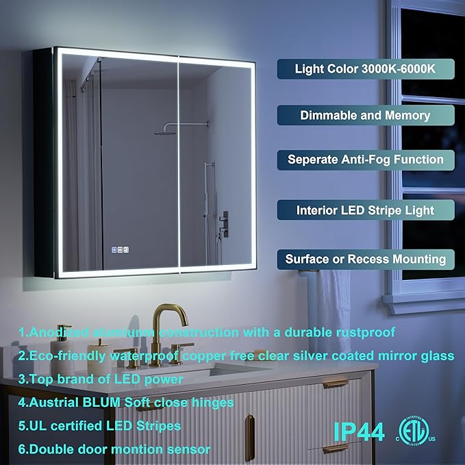 WELLFOR 36" X 30" LED Mirrored Medicine Cabinet, Medicine Cabinets with Lights for Bathroom, Defogging Function Mirror Cabinet, Bathroom Medicine Cabinet with USB Port & Outlet, Double Doors