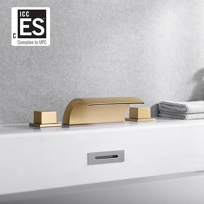 SUMERAIN Bathroom Roman Tub Faucet with Waterfall Spout, 3 Hole Deck Mount Bath Tub Filler Brushed Gold