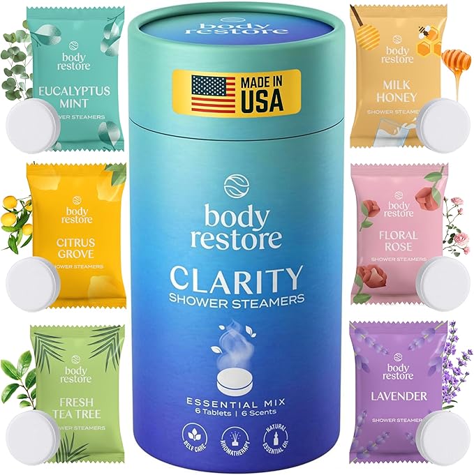 Body Restore Shower Steamers Aromatherapy 6 Pack - Christmas Stocking Stuffers for Men, Birthday Gifts for Women, White Elephant, Relaxation, Self Care - Clarity
