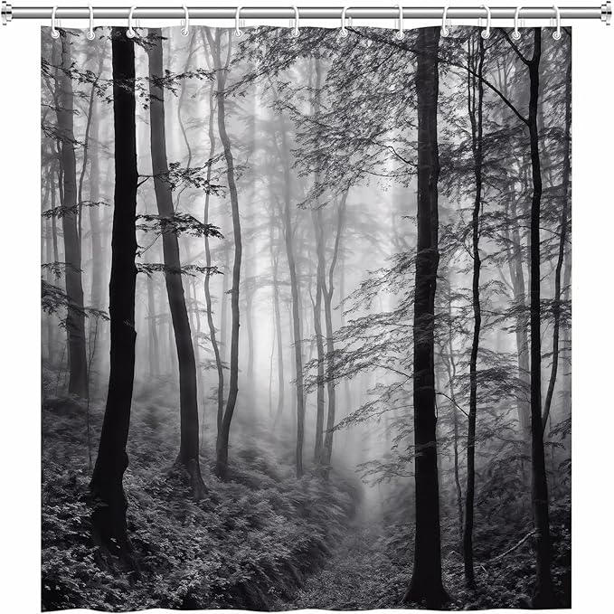 Misty Forest Shower Curtain Black White Foggy Nature Landscape Grey Fantasy Fog Tree Rustic Farmhouse Outdoor Bath Curtain with Hook 85Wx70H Inch