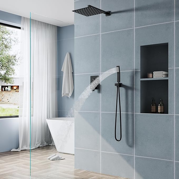 WELLFOR 12-In Wall Mounted Rain Shower Faucet with Single Handle and Handheld Spray, Waterfall Dual Head Shower Head System with 2-way Diverter, Pressure-balanced Valve Included, Matte Black
