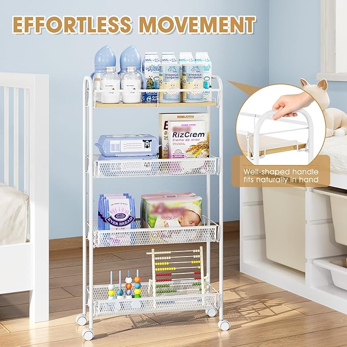 TOOLF 4-Tier Slim Rolling Cart, Metal Utility Cart, Slide Out Storage Cart with Wooden Tabletop and Mesh Baskets for Narrow Space on Kitchen Bathroom Laundry Room Bedroom Apartments Dormitory