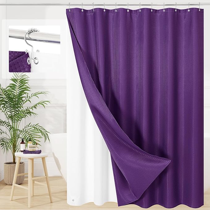 3 in 1 Extra Long Purple Shower Curtain Set-72 W x 84 H, Modern Waffle and PEVA Liner Set with 12 Stainless Steel Hooks, Waterproof Fabric for Bathroom