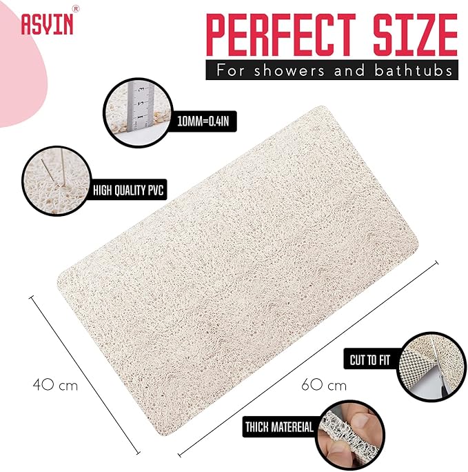 Asvin Soft Textured Bath, Shower, Tub Mat, 24x16 Inch, Phthalate Free, Non Slip Comfort Bathtub Mats with Drain, PVC Loofah Bathroom Mats for Wet Areas, Quick Drying