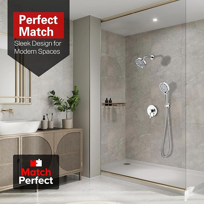 SUMERAIN Shower Faucet Set with 6-Spray Handheld Filtered Shower Head, Chrome Wall Mounted Rainfall Shower System