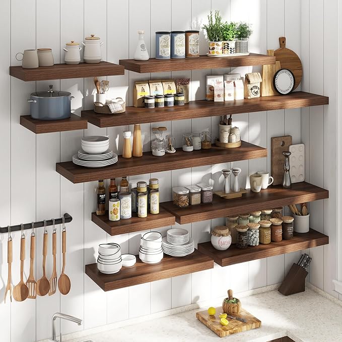 30 Inch Floating Shelves for Wall Set of 2, 12"D Wood Grain Bathroom Shelves with Invisible Brackets, Easy Install Engineered Wood Storage Shelves for Kitchen, Living Room, Bedroom, Walnut Finish