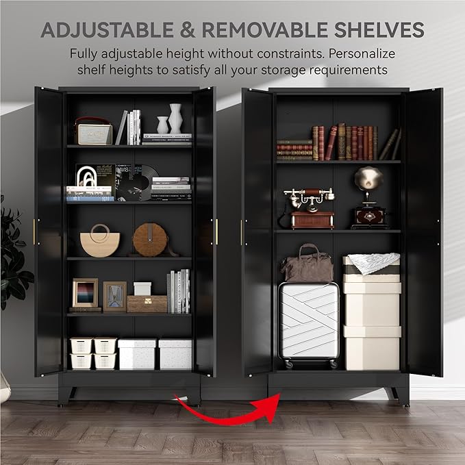 71" Metal Storage Cabinet - 5-Tier Heavy-Duty Pantry Cabinet with Adjustable Shelves & Barn Doors for Kitchen Garage, Black